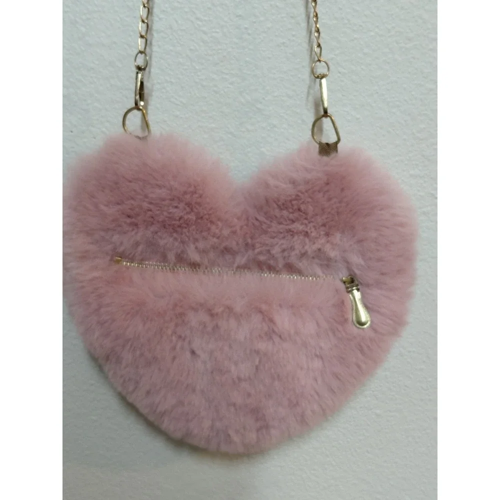 Pink Faux Fur Heart Shaped Crossbody Bag Fluffy Plush Purse 9.5